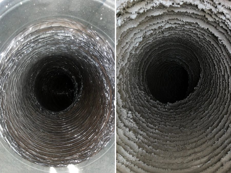 Side-by-side comparison of a duct run before and after source-removal cleaning