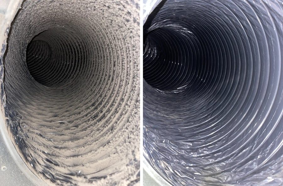 Duct interior before and after indoor air quality work