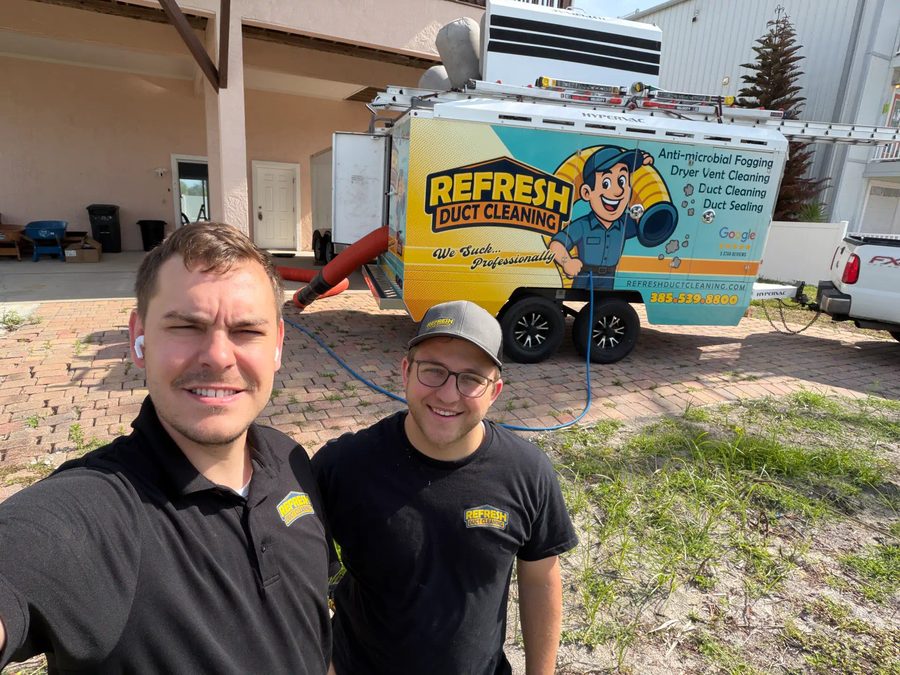 Aaron Goins and Ammon Bennion, owners of Refresh Duct Cleaning, on site