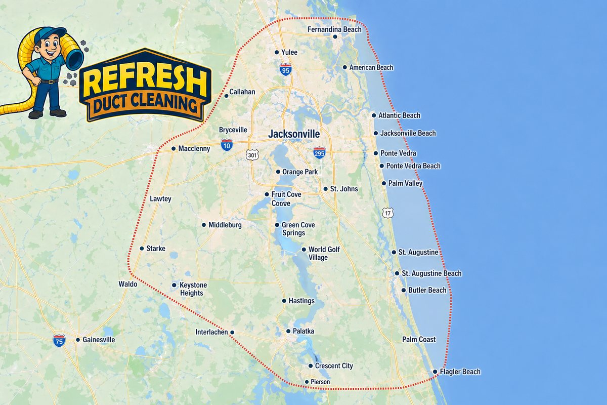 Map of the Northeast Florida service area covered by Refresh Duct Cleaning, from Fernandina Beach south to Flagler Beach and west toward Macclenny and Starke