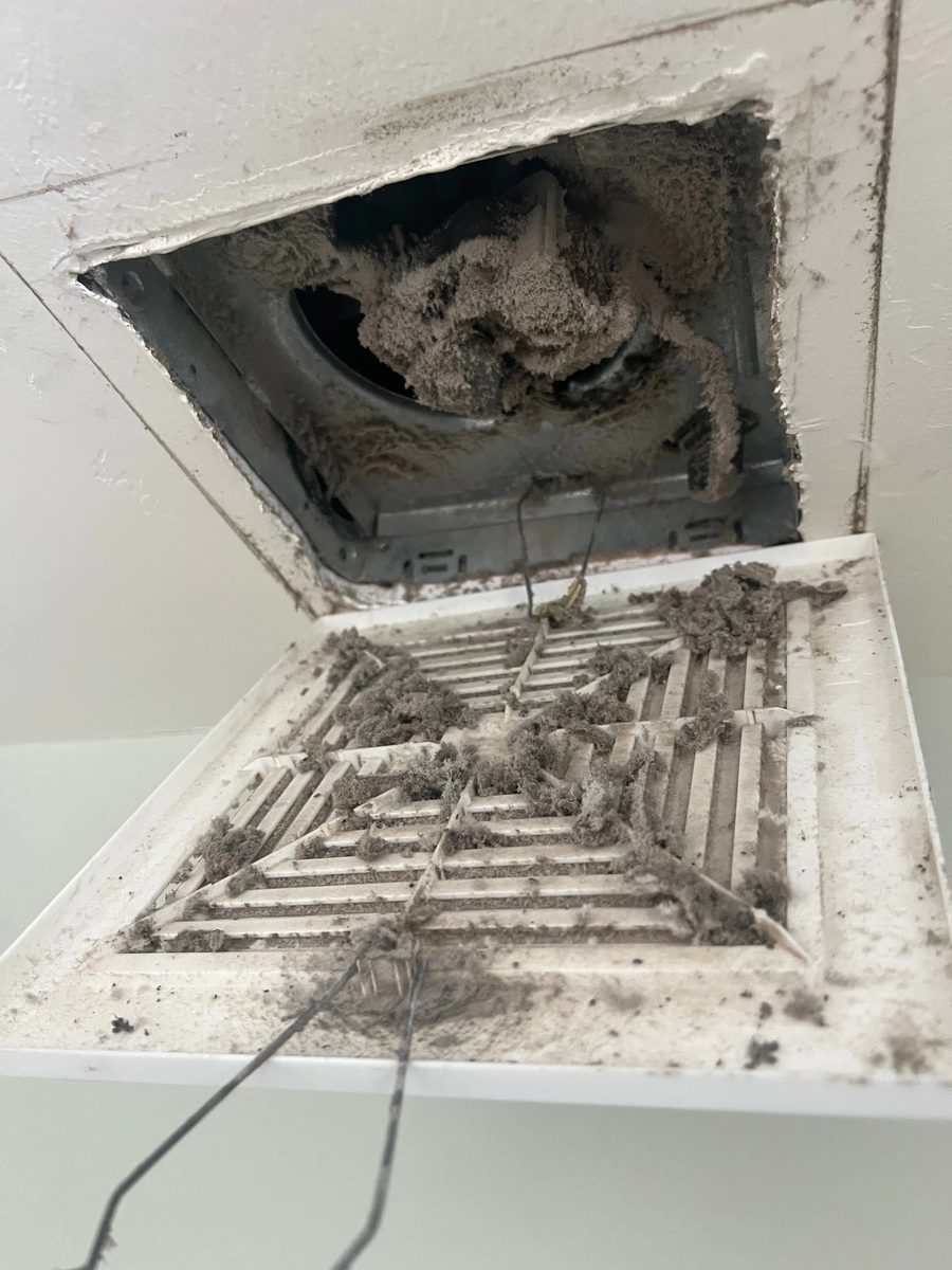 Bathroom exhaust fan housing loaded with dust before cleaning