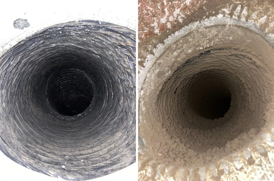 Flexible duct interior before and after professional cleaning